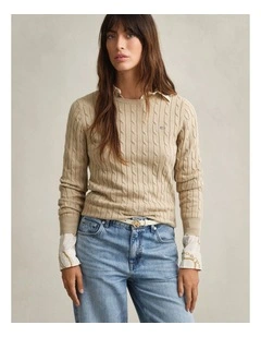Cable Knit Crew Neck Sweater in Oat Beige