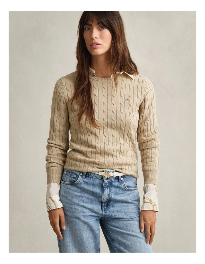 Cable Knit Crew Neck Sweater in Oat Beige image 1