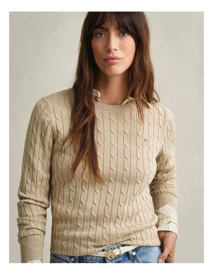 Cable Knit Crew Neck Sweater in Oat Beige image 3