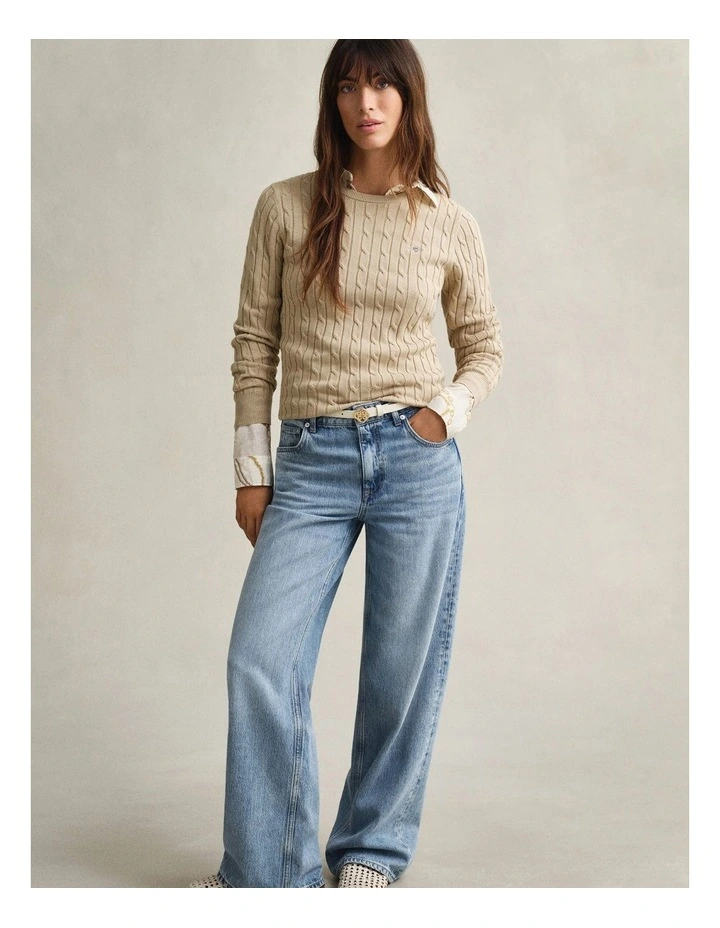 Cable Knit Crew Neck Sweater in Oat Beige image 4