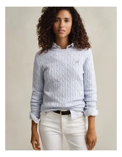 Cable Knit Crew Neck Sweater in Light Blue