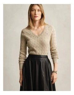 Cable Knit VinNeck Sweater in Oat Beige