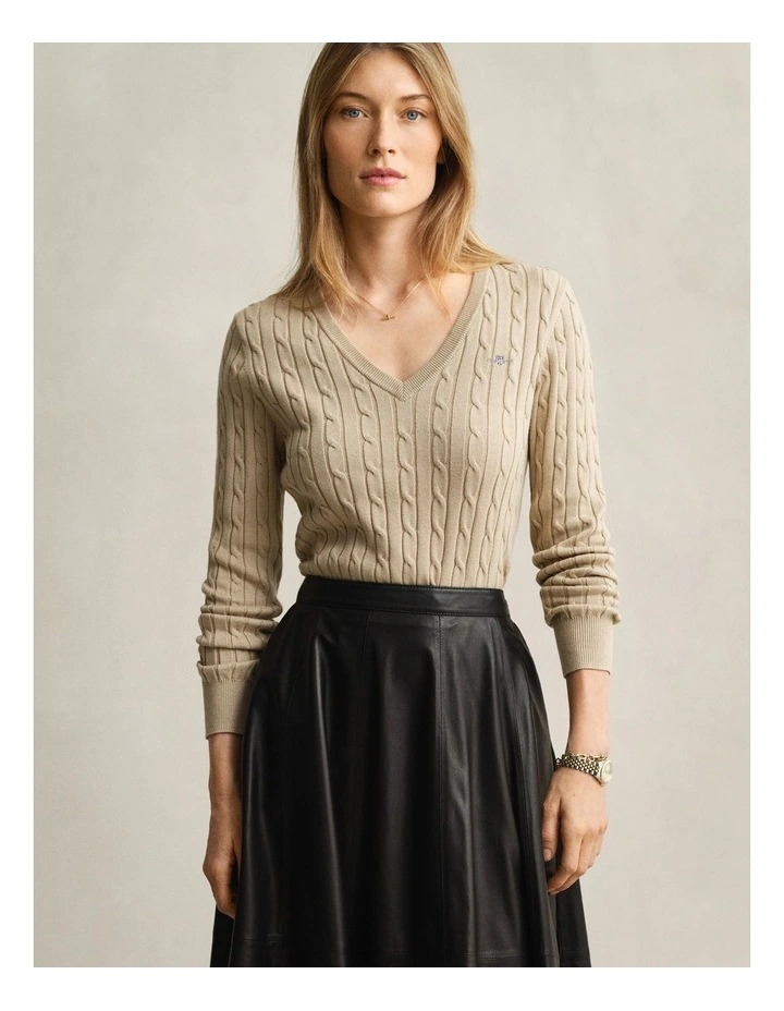 Cable Knit VinNeck Sweater in Oat Beige image 1