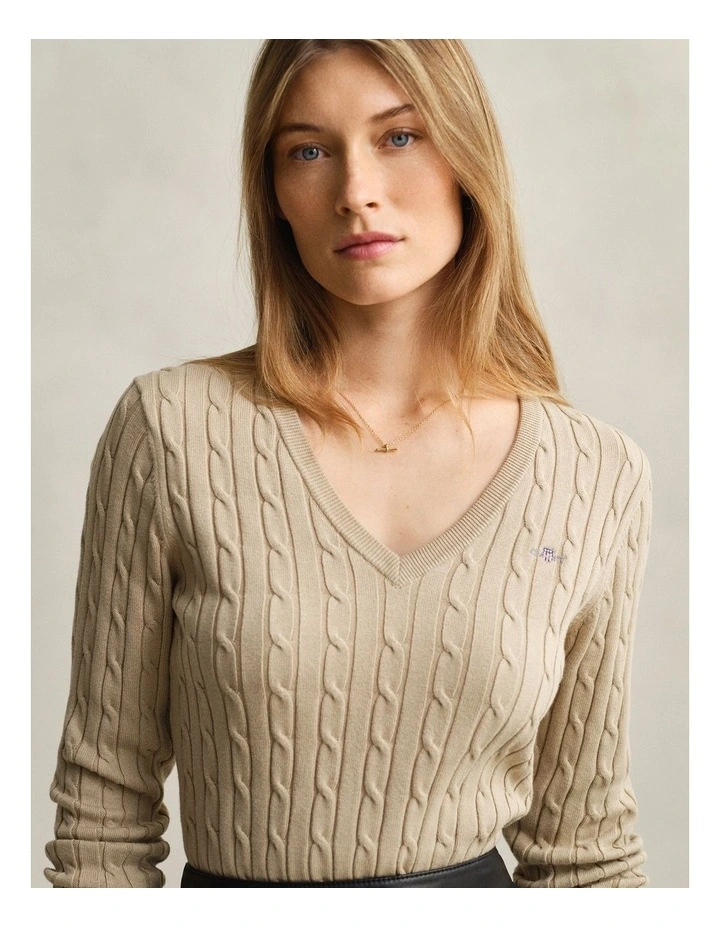 Cable Knit VinNeck Sweater in Oat Beige image 3
