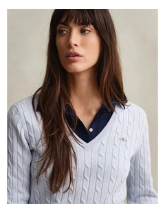 Cable Knit VinNeck Sweater in Light Blue
