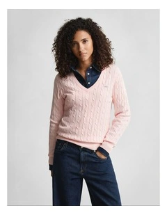 Cable Knit VinNeck Sweater in Apricot Pink