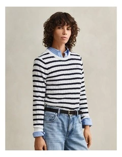 Striped Cable Knit Crew Neck Sweater in Eggshell