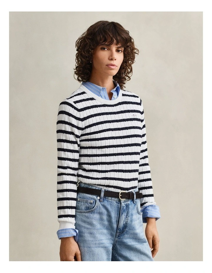 Striped Cable Knit Crew Neck Sweater in Eggshell image 1