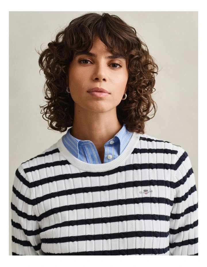 Striped Cable Knit Crew Neck Sweater in Eggshell image 3