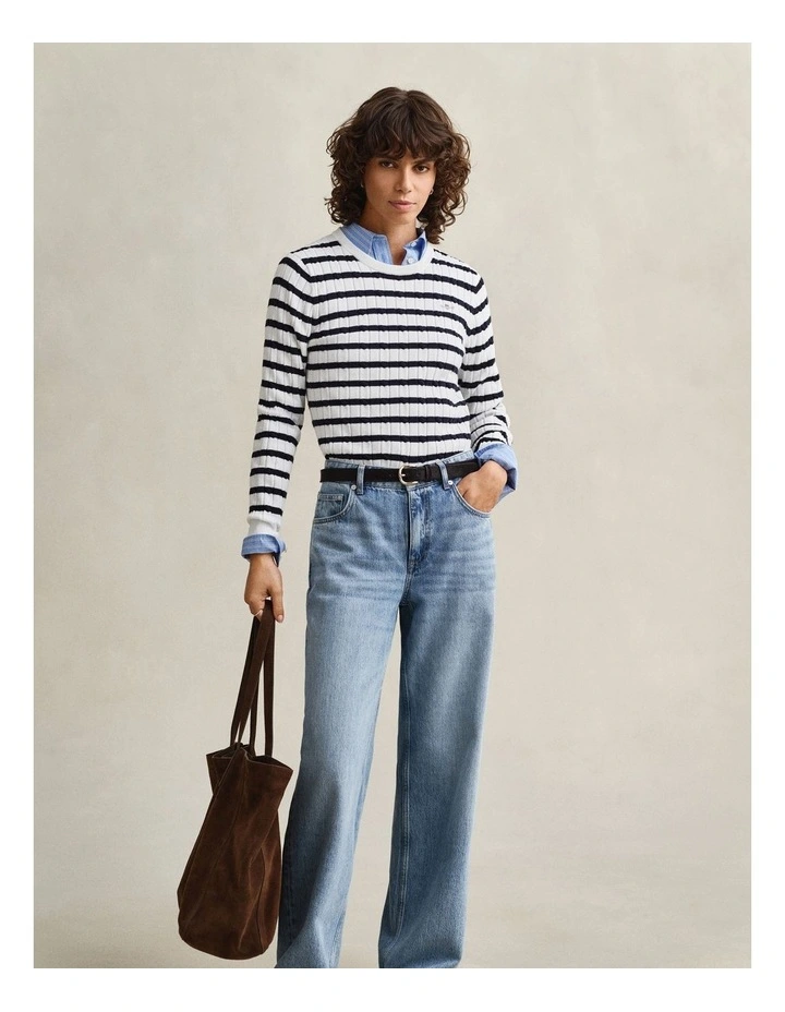 Striped Cable Knit Crew Neck Sweater in Eggshell image 4