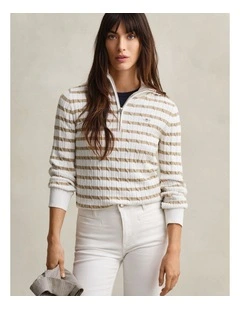 Striped Cable Knit HalfinZip Sweater in Oat Beige