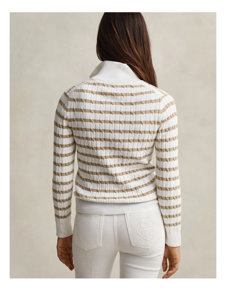 Striped Cable Knit HalfinZip Sweater in Oat Beige image 2