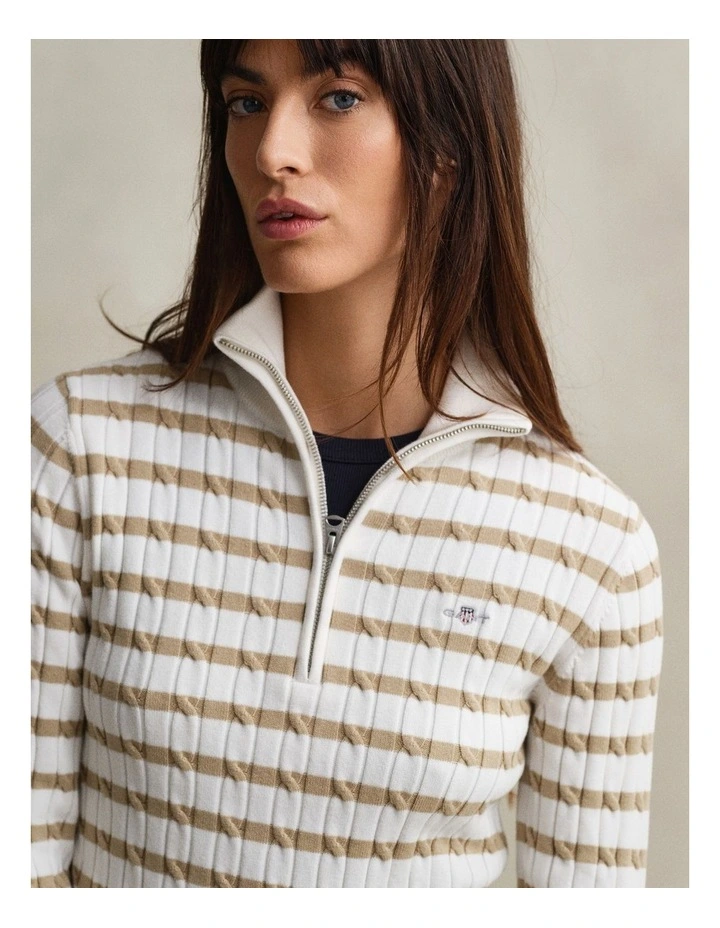 Striped Cable Knit HalfinZip Sweater in Oat Beige image 3