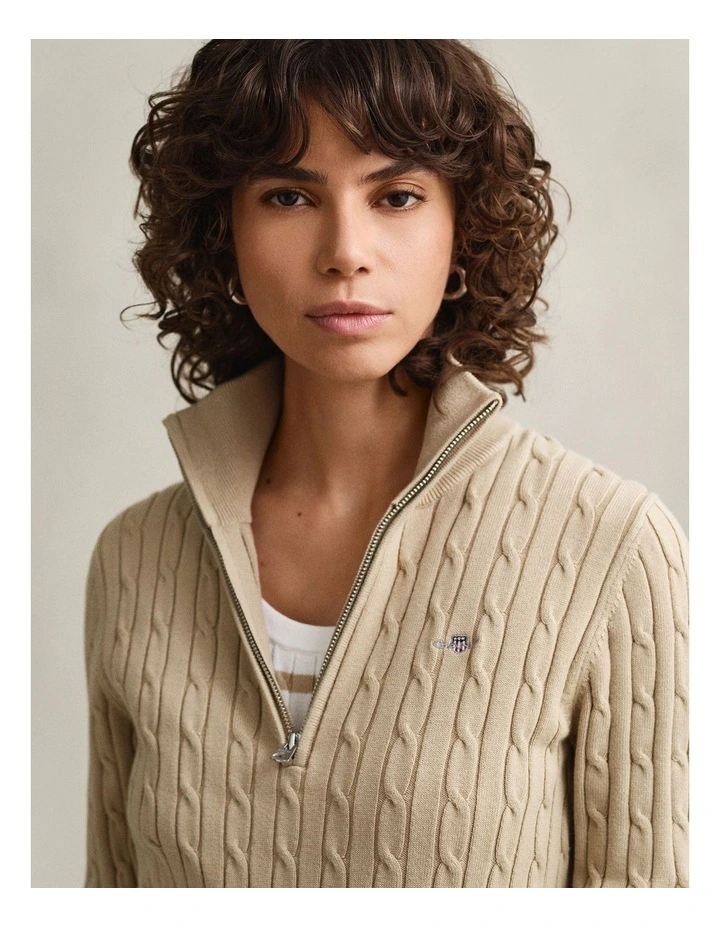 Cable Knit HalfinZip Sweater in Oat Beige image 3