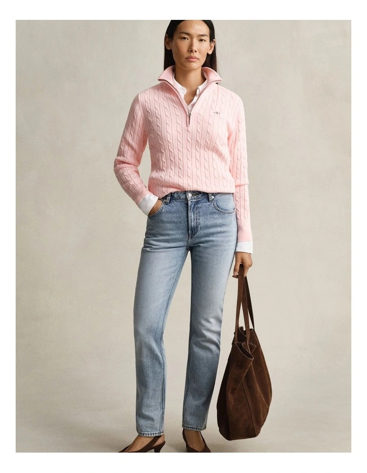 Cable Knit Half-Zip Sweater in Apricot Pink image 3