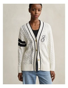 Varsity Cable Knit Cardigan in Eggshell