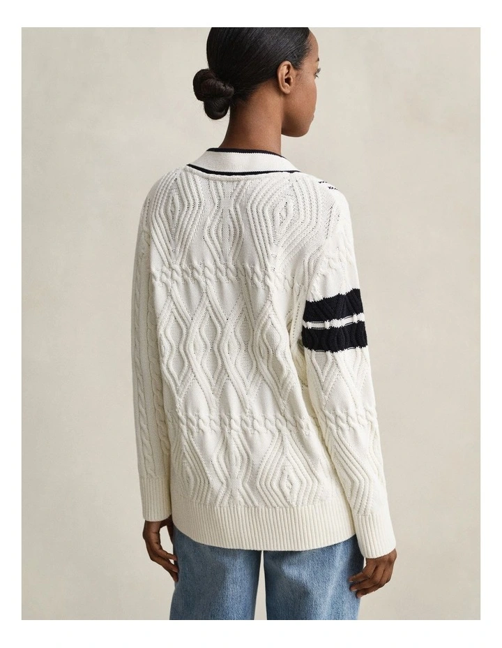 Varsity Cable Knit Cardigan in Eggshell image 2