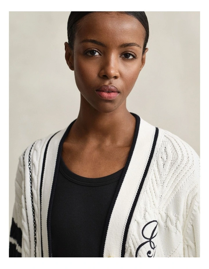 Varsity Cable Knit Cardigan in Eggshell image 3