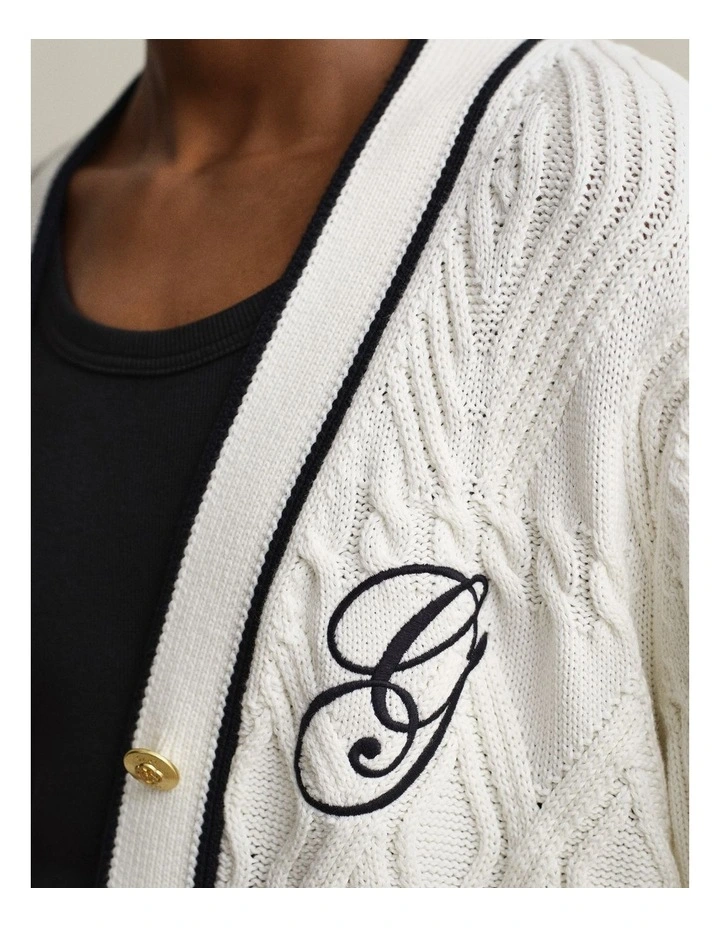 Varsity Cable Knit Cardigan in Eggshell image 4