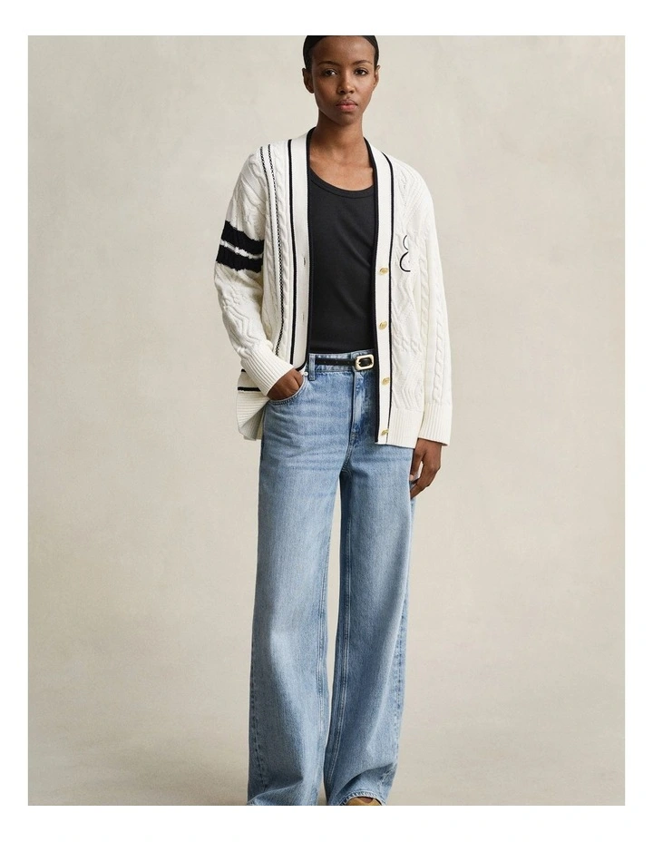 Varsity Cable Knit Cardigan in Eggshell image 5