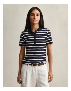 Striped Piqu Polo Shirt in Evening Blue