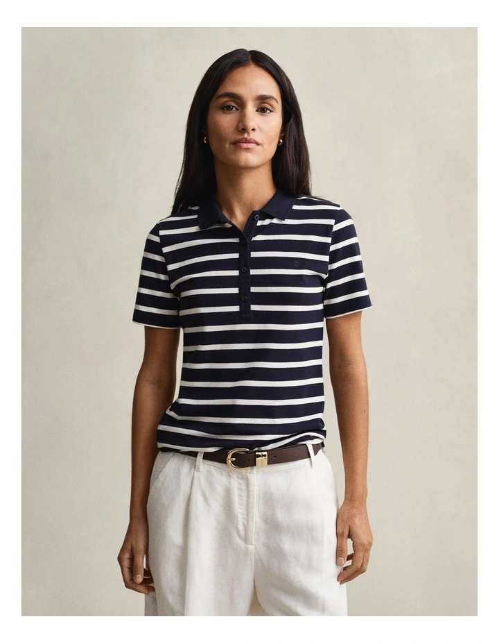 Striped Piqu Polo Shirt in Evening Blue image 1