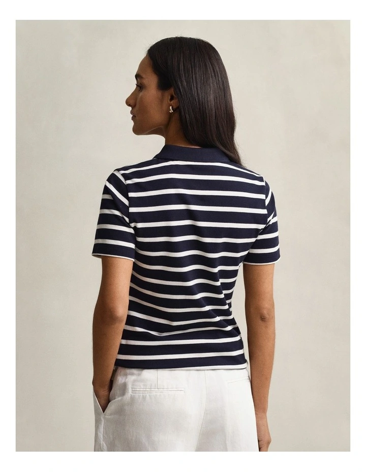 Striped Piqu Polo Shirt in Evening Blue image 2