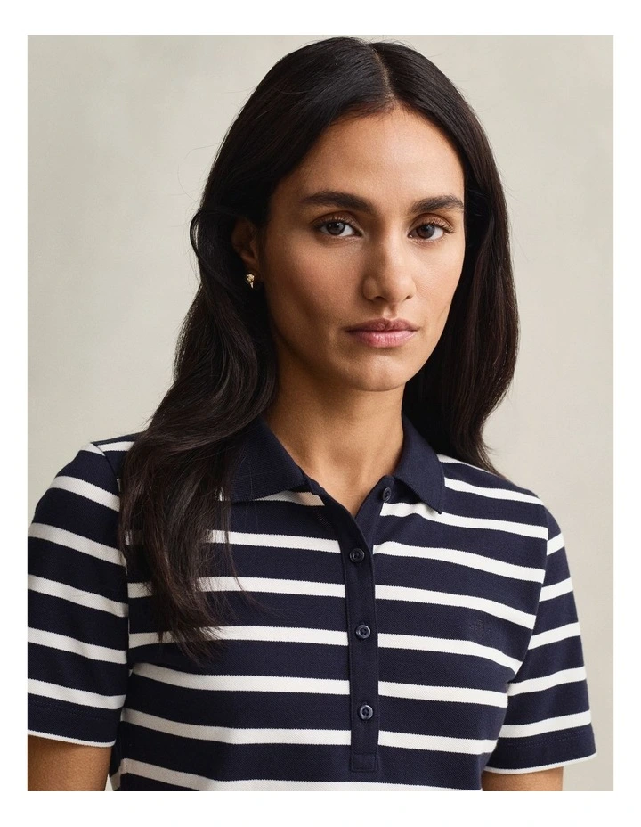 Striped Piqu Polo Shirt in Evening Blue image 3