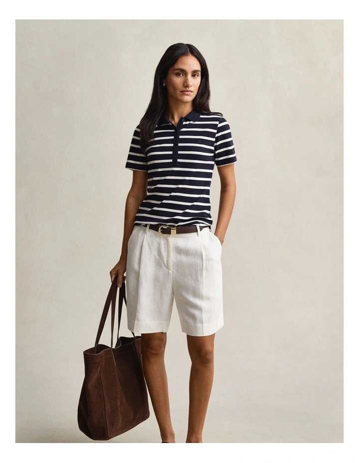 Striped Piqu Polo Shirt in Evening Blue image 4