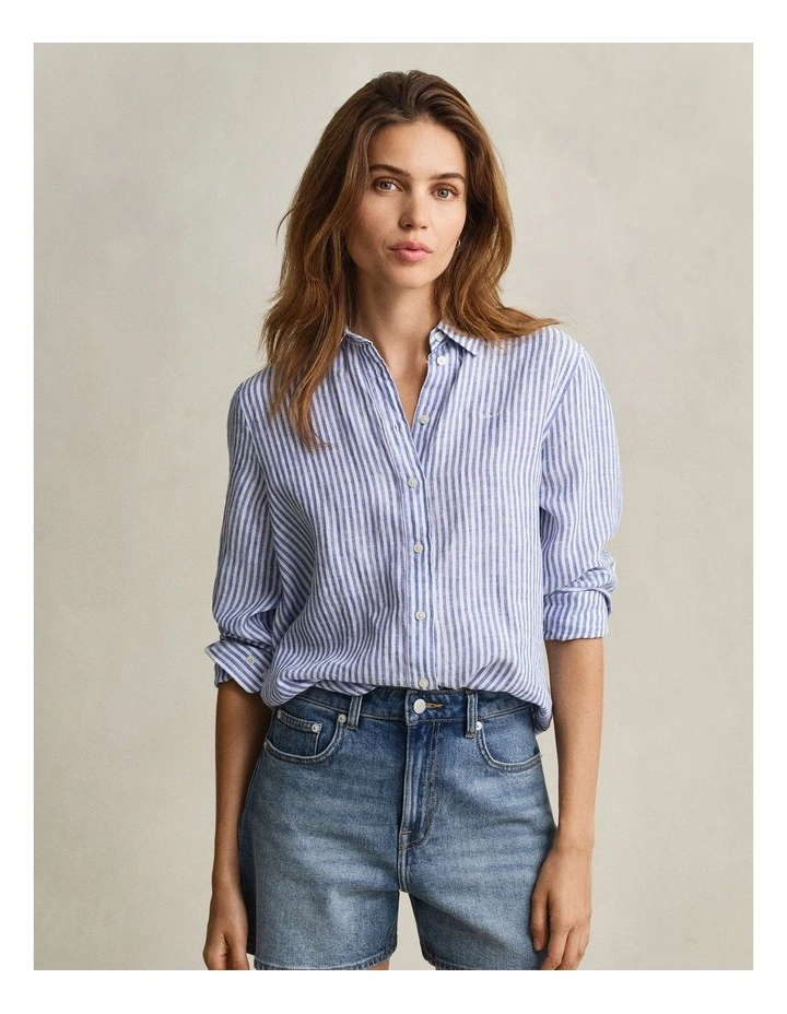 Regular Fit Striped Linen Shirt in Royal Blue image 1