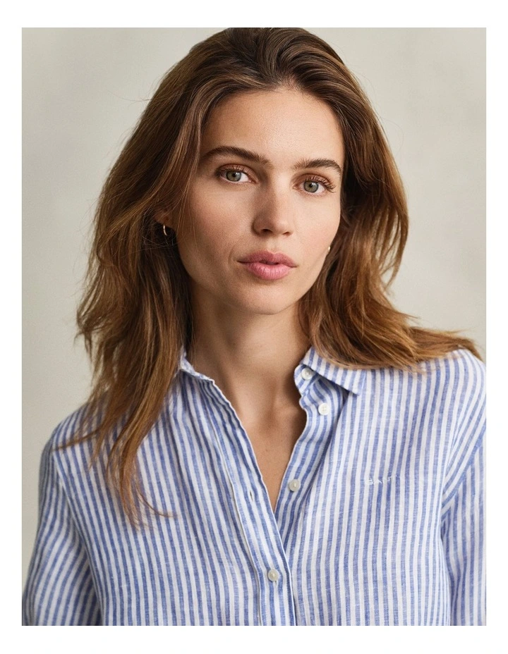 Regular Fit Striped Linen Shirt in Royal Blue image 3