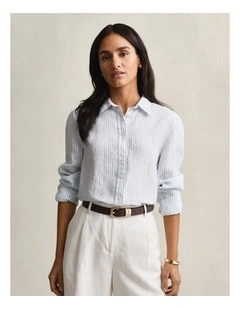 Regular Fit Striped Linen Shirt in Light Blue