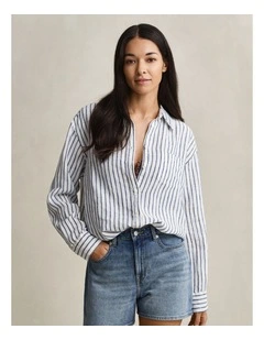 Relaxed Fit Striped Linen Shirt in Evening Blue