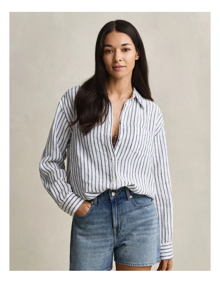 Relaxed Fit Striped Linen Shirt in Evening Blue image 1