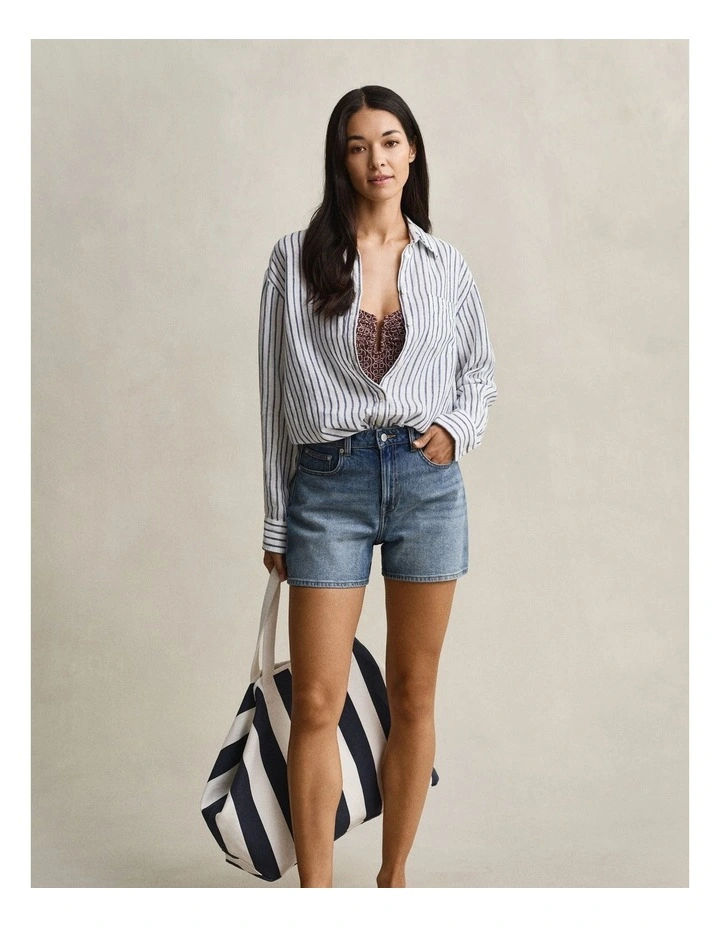 Relaxed Fit Striped Linen Shirt in Evening Blue image 5