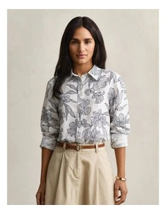 Floral Linen Shirt in Evening Blue