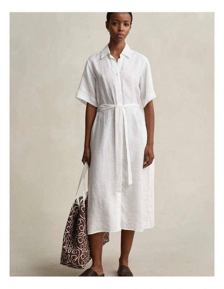 Linen Shirt Dress in White image 1