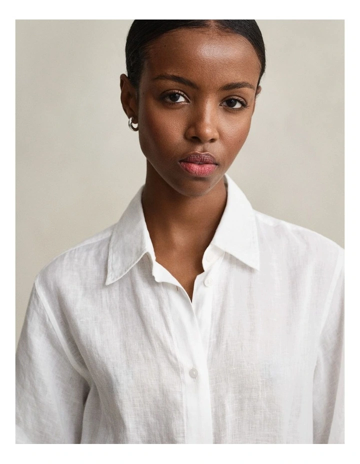 Linen Shirt Dress in White image 6