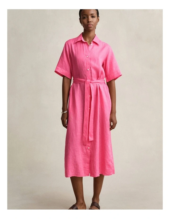 Linen Shirt Dress in Bright Fuschia image 1