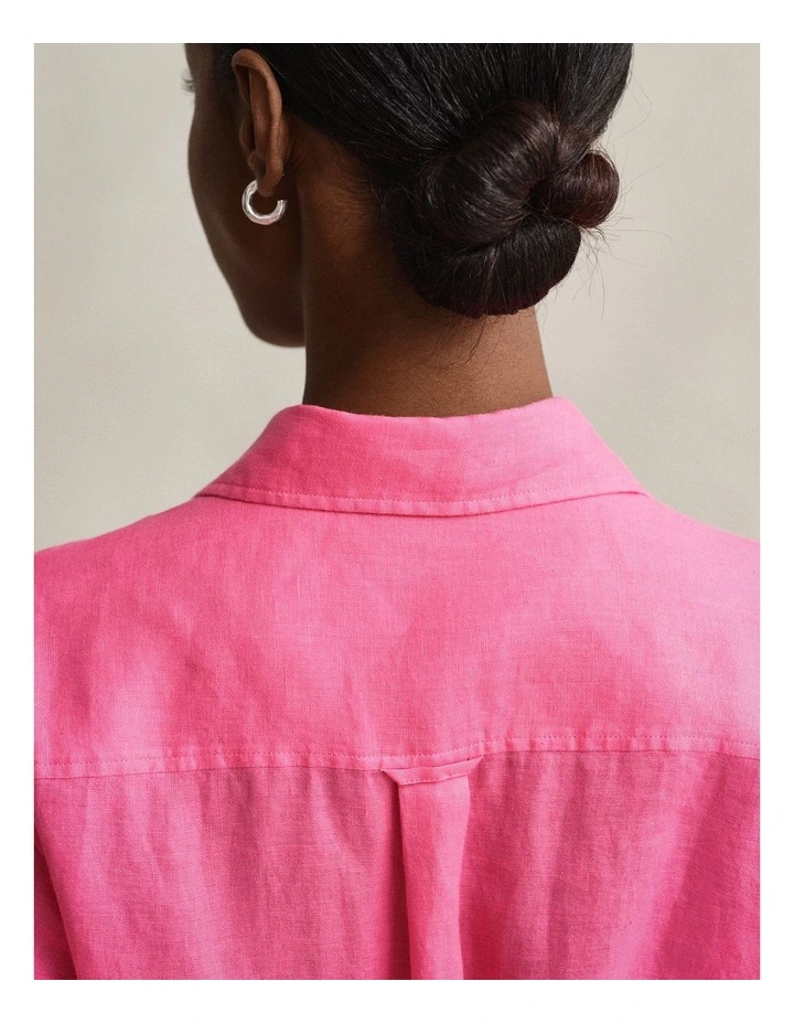 Linen Shirt Dress in Bright Fuschia image 3