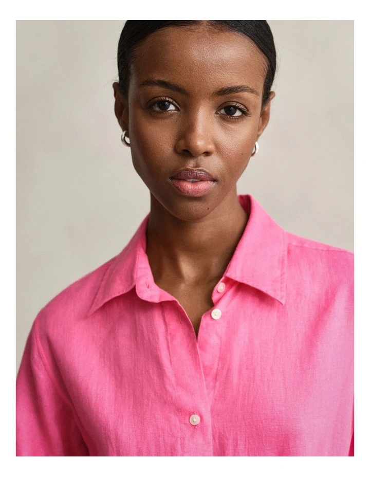 Linen Shirt Dress in Bright Fuschia image 4