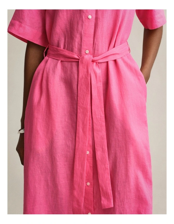 Linen Shirt Dress in Bright Fuschia image 5