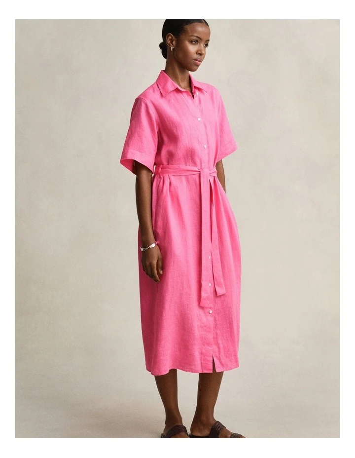 Linen Shirt Dress in Bright Fuschia image 6
