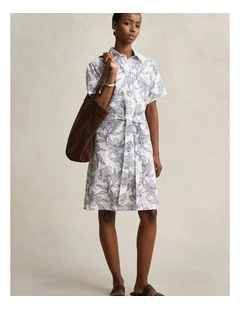 Floral Linen Shirt Dress in Evening Blue