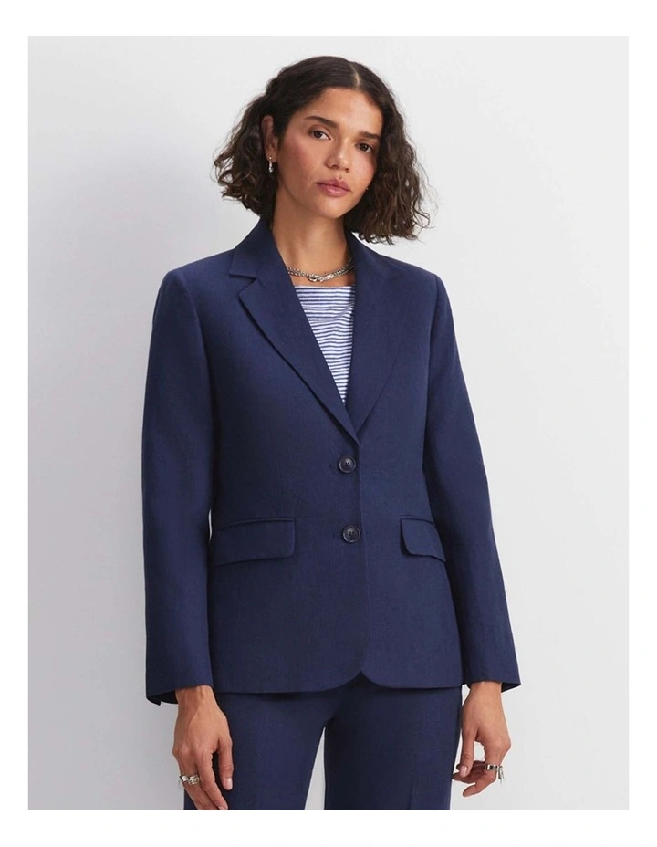 Freya Short Linen Blazer in Navy image 1