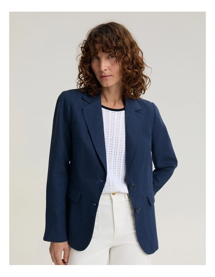 Freya Short Linen Blazer in Navy image 4