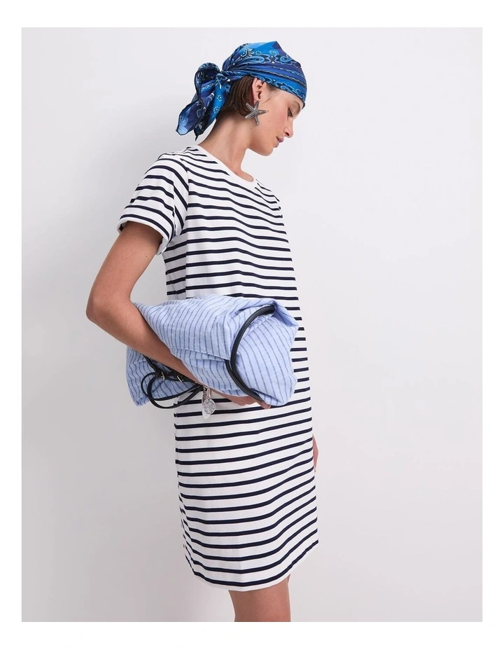 Stripe Shopper Mini Dress in White/Navy image 5