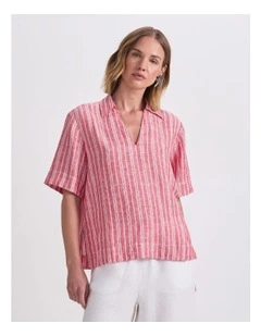 Ashley Linen Popover Shirt in Red/White
