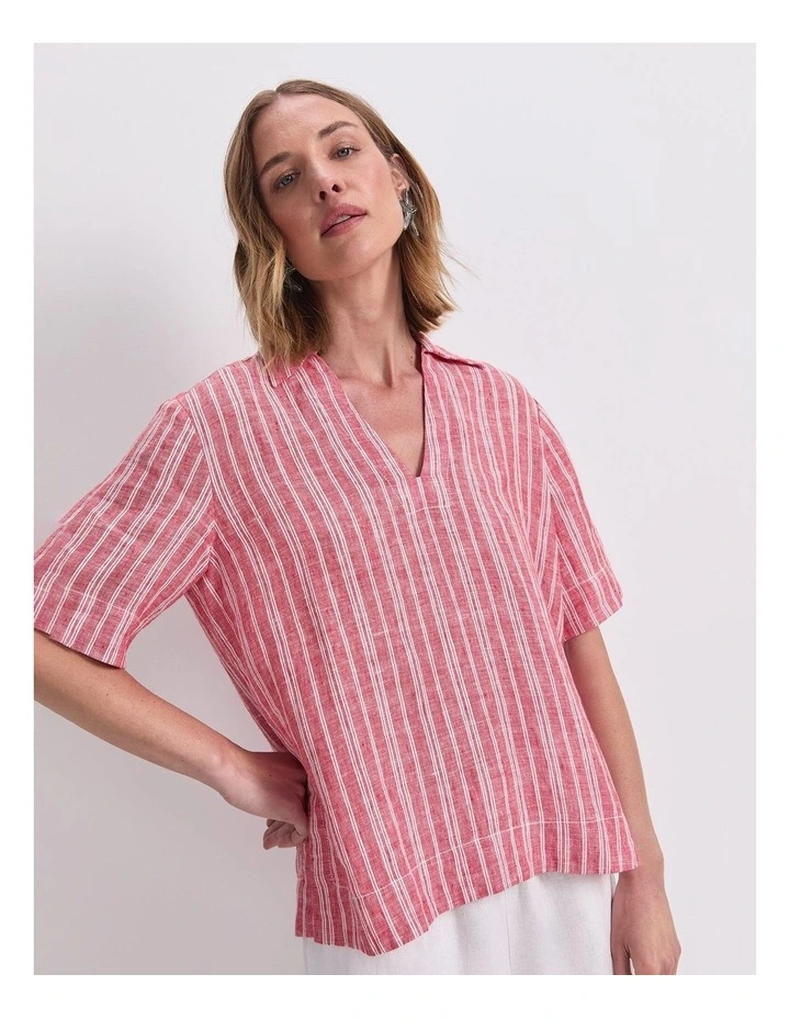 Ashley Linen Popover Shirt in Red/White image 4
