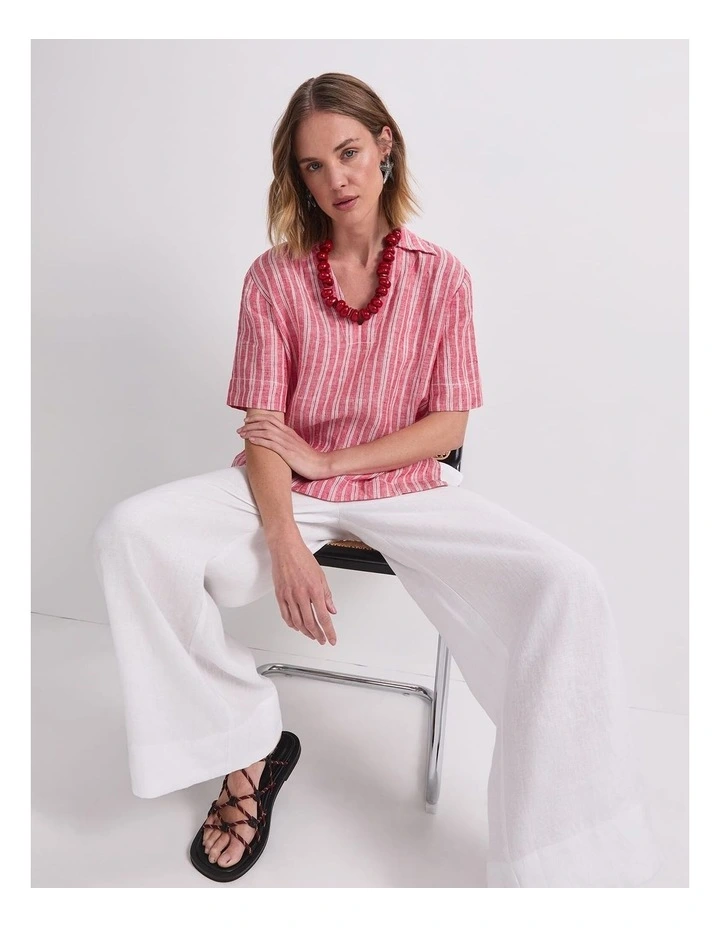 Ashley Linen Popover Shirt in Red/White image 6